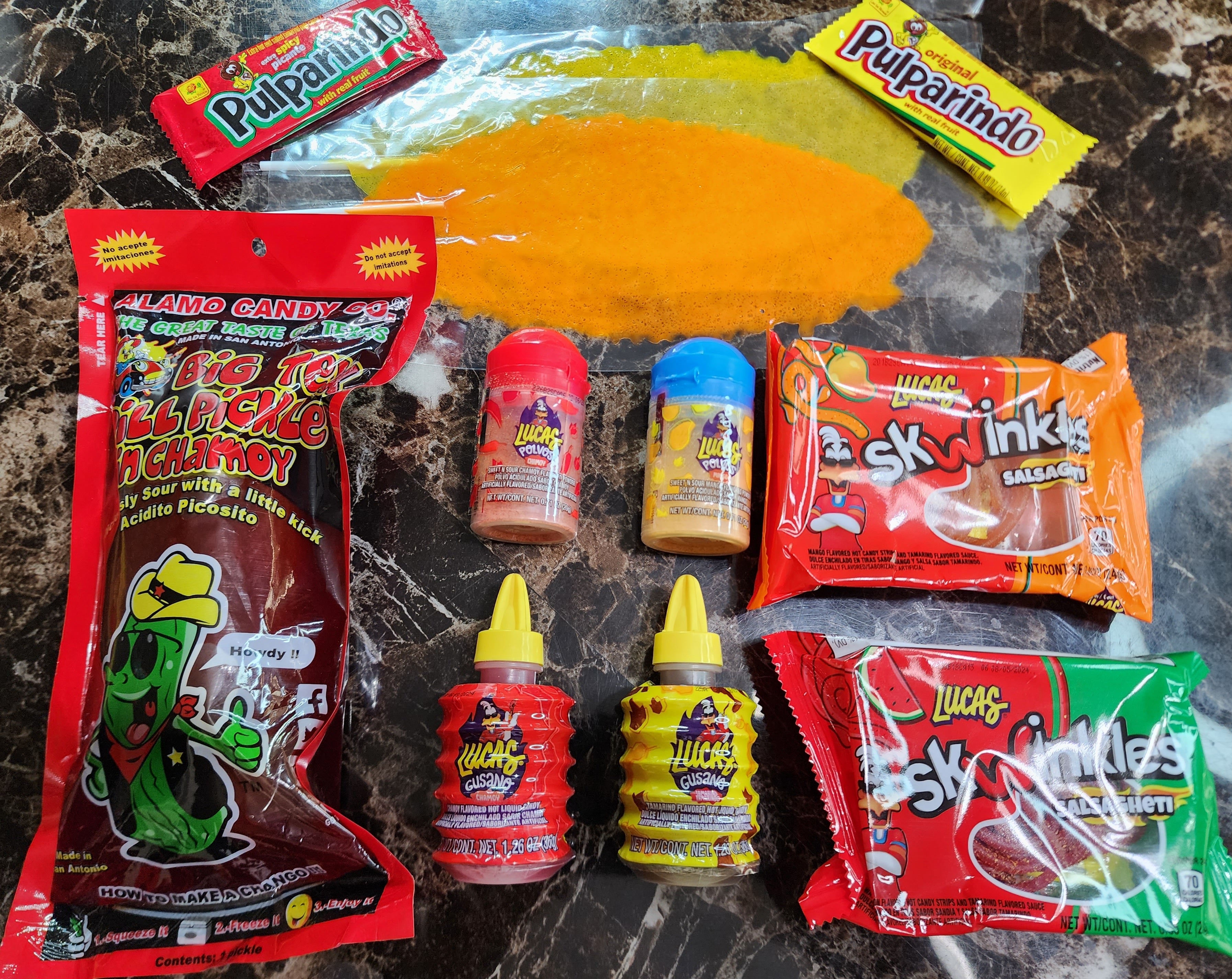 Fountain City Fulfillment Chamoy Pickle Kit - Deluxe Chamoy Pickle Set with  Ricos & Warhead Pickle, Lucas Swinkles Salsaghetti Mexican Candy Strings
